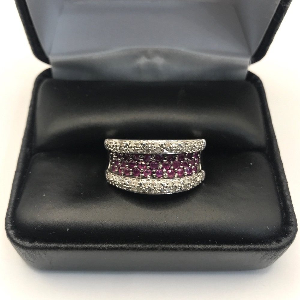 925 Sterling Silver Rubies and Tiny Diamonds Ring Size 8